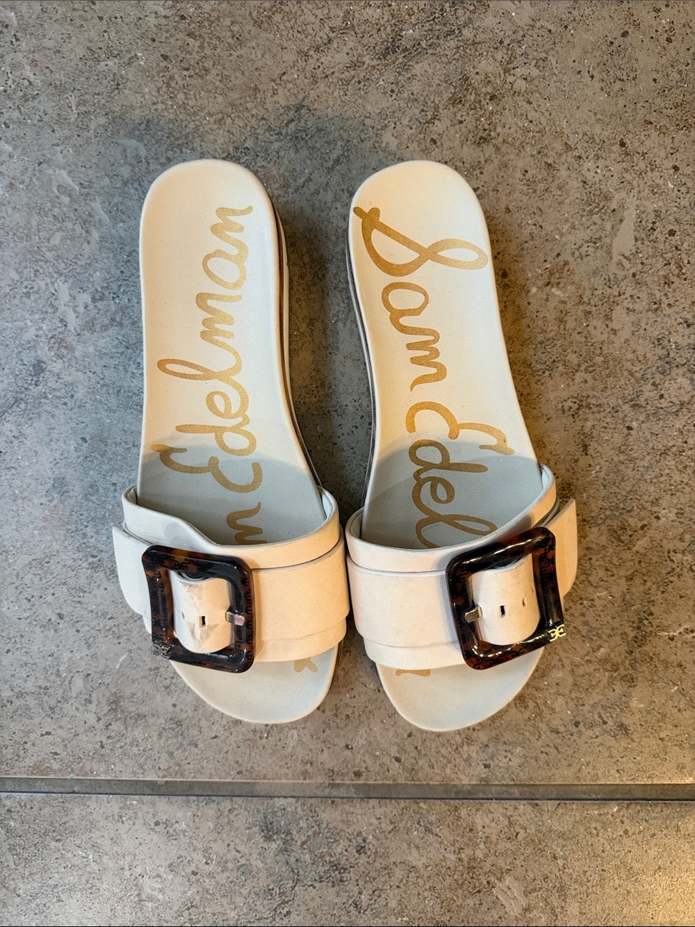 Sam Edelman Cream Slide Sandals with Tortoiseshell Buckle Accent